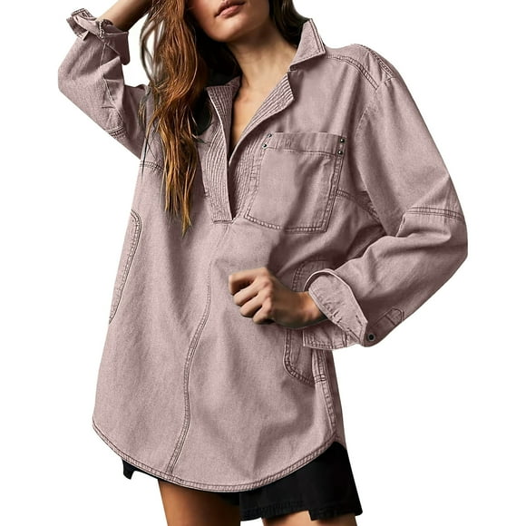 Pink Womens Vneck Denim Jackets Outfits for Women Long Sleeve Brunch Western Hooded Plain Fall Winter Outfit 2025 Clothes M