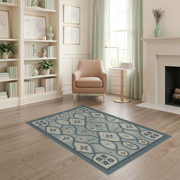 ODIKA 4'x6' Blue Cream Chateau Geometric Design Washable Area Rug Elegant Floral Motif with Classic Patterns Pet Friendly, Non-Shedding for Bedroom, Reading Nook