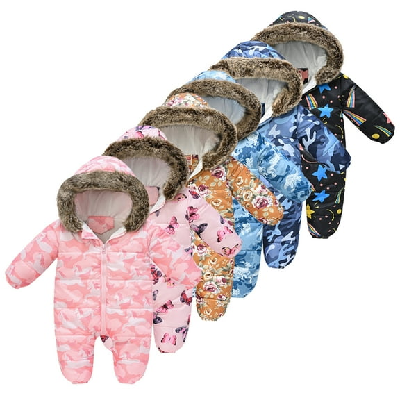Esaier Toddler Baby Winter Warm Jumpsuit Thick Warm Hooded One-Piece Romper Casual Zipper Long Sleeve Crawling Infant Clothes Romper for 3M-3 Years