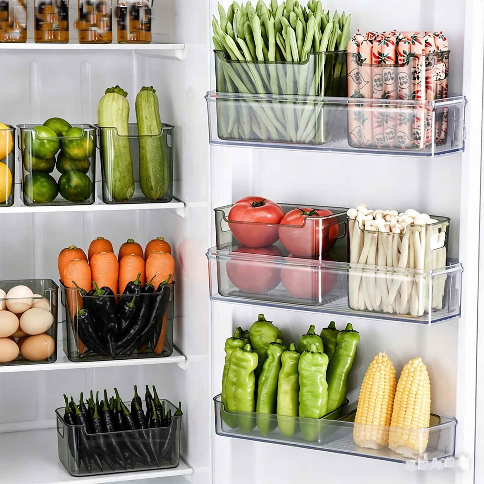 Freezer Storage Bins 4 Pack, Clear Plastic Stackable Kitchen Organizer with Handles for Fridge Pantry Meat Veggies