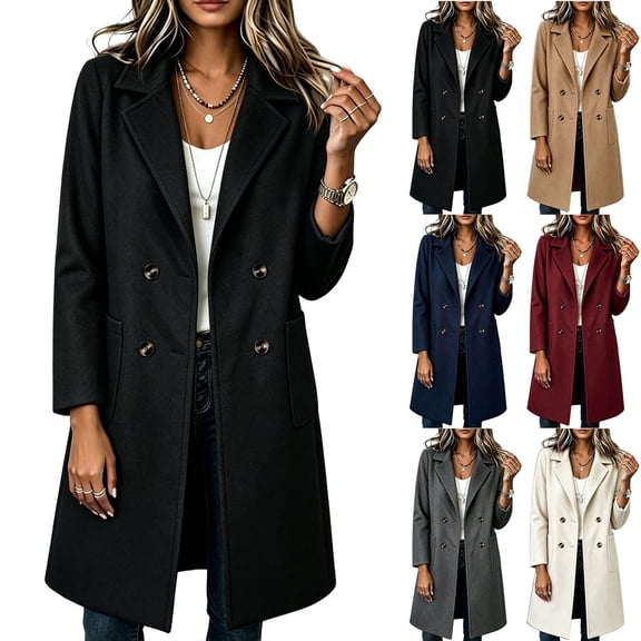 Smsaxvxz Womens Long Trench Coat Fashion Double Breasted Fall Winter Coat Black XS
