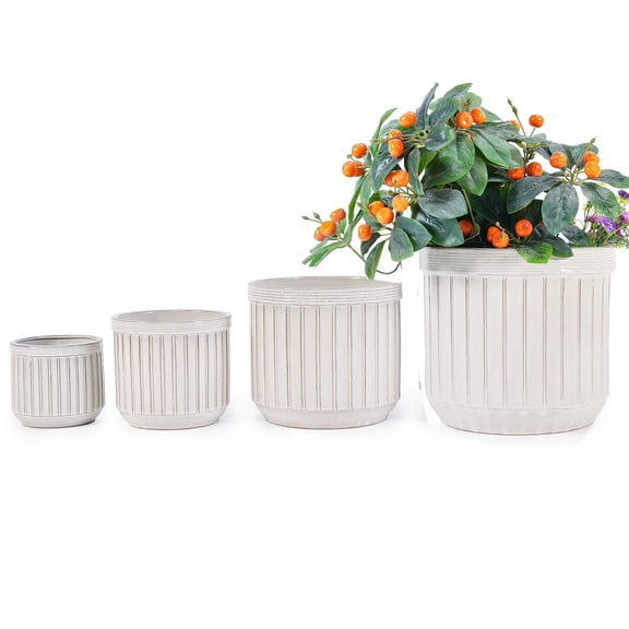 S-HOME Set of 4 Cream Ceramic Planters, 14" 11" 8" 6" Modern Flower Pots for Indoor/Outdoor