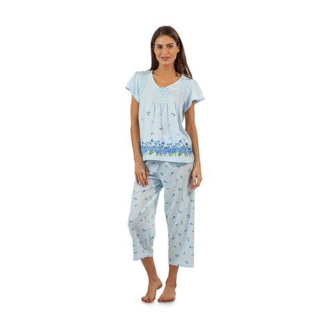 

Casual Nights Women s Short Sleeve Top with Capri Pants Pjs Floral Border Capri Pajama Set