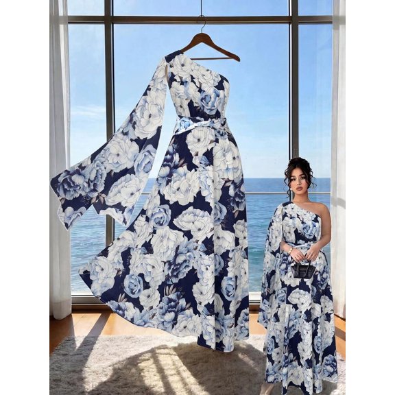 Womens Blue Floral Print Asymmetrical One-Shoulder Sleeveless Long Dress