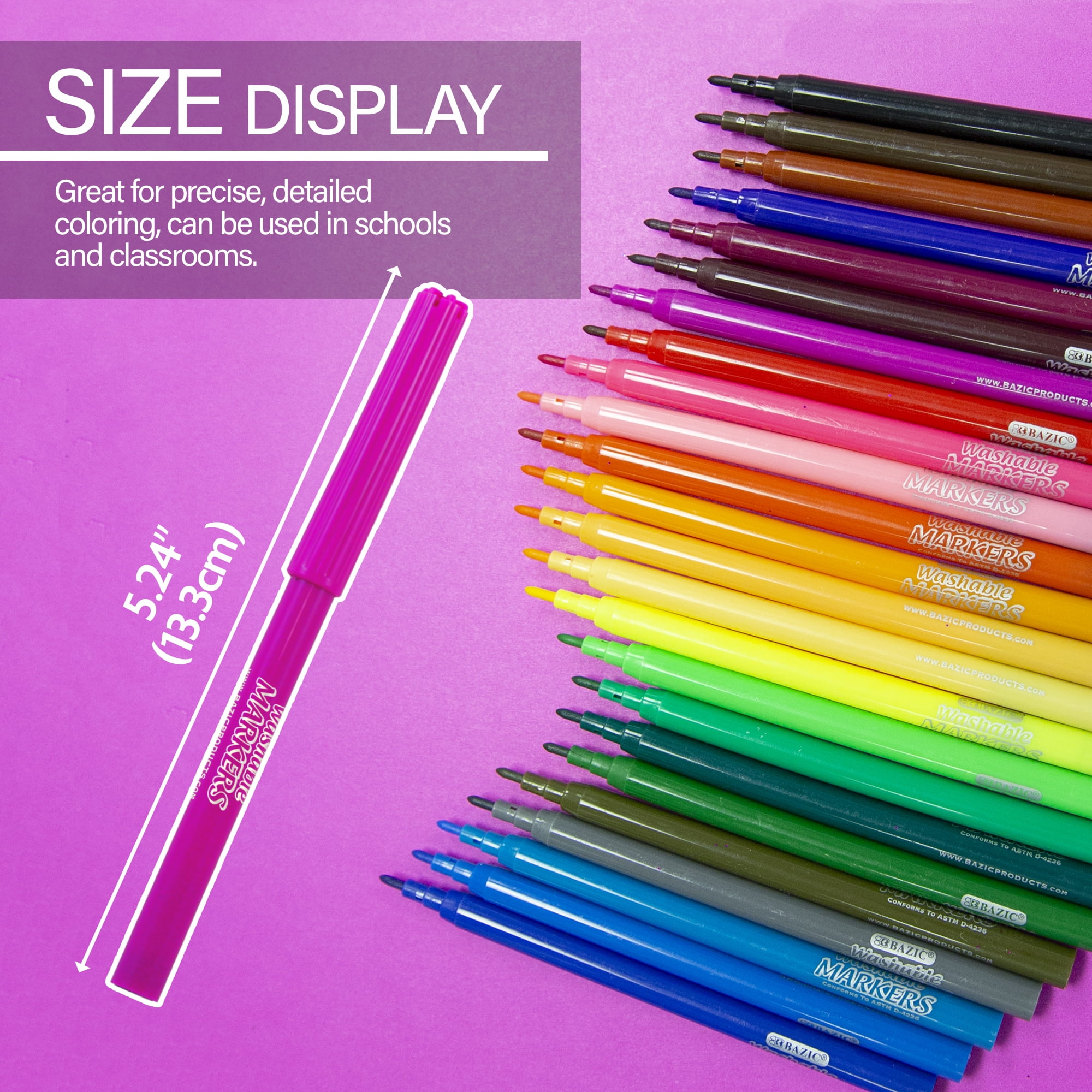 BAZIC Washable Markers Fine Line 24 Color Coloring Marker (24/Pack), 24-Packs
