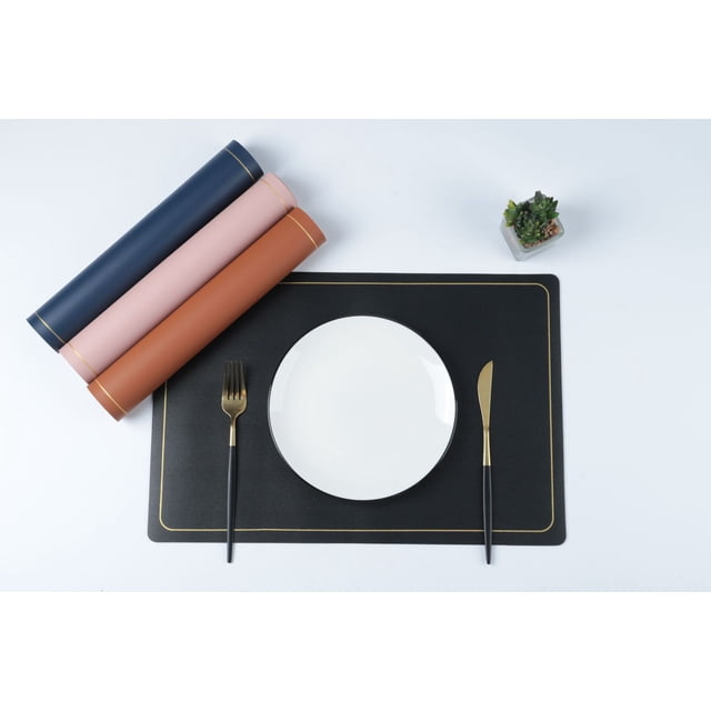 Nvzi Manteles individuales de piel sintética resistentes al calor, manteles individuales para mesa de comedor(juego de 4, tamaño 17,71 x 11,81 pulgadas, dorado negro)