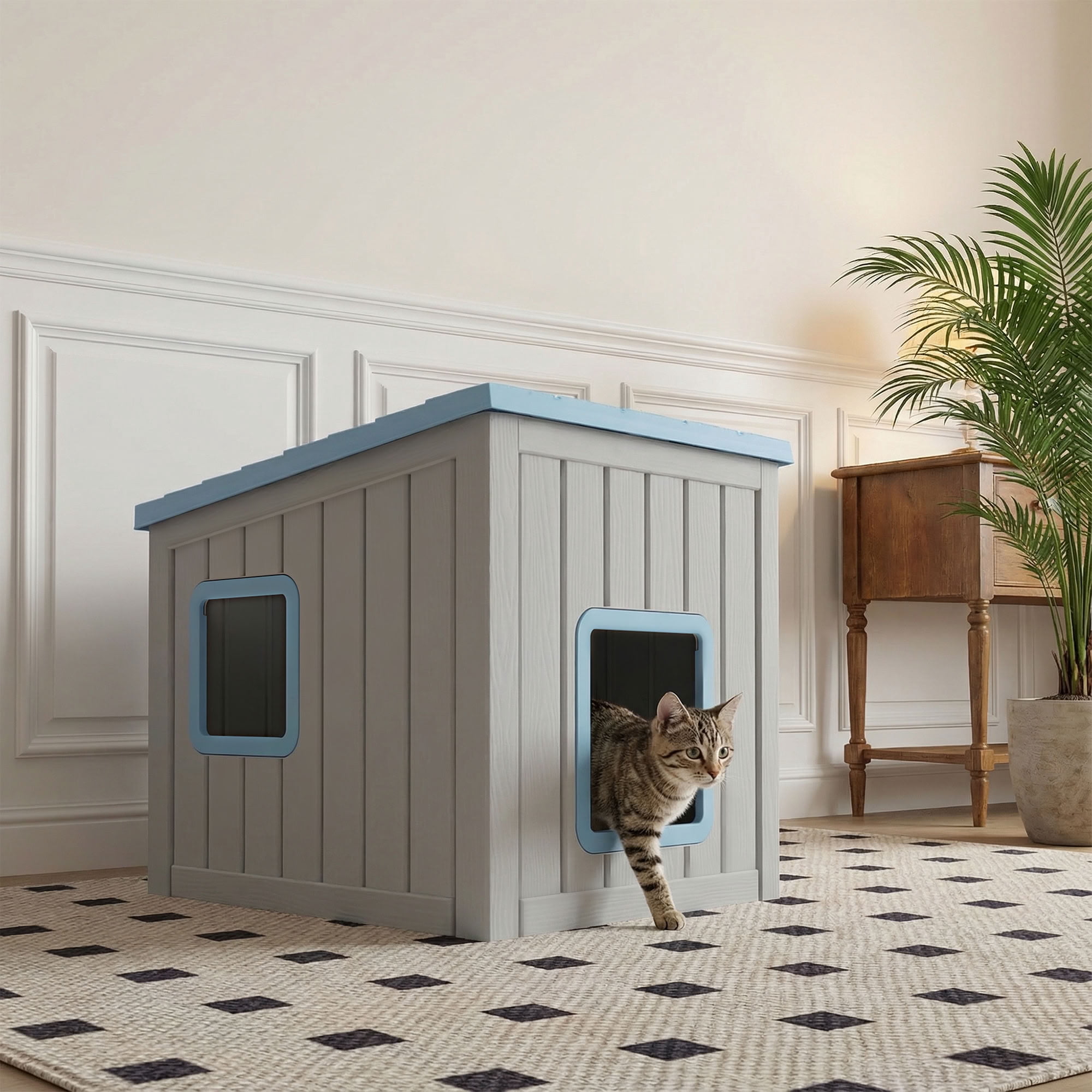 MAYEERTY Dual-Door Cat House for Indoor & Outdoor, Rain-Resistant Sloped Roof Pet Retreat with Easy-Clean Leak Holes