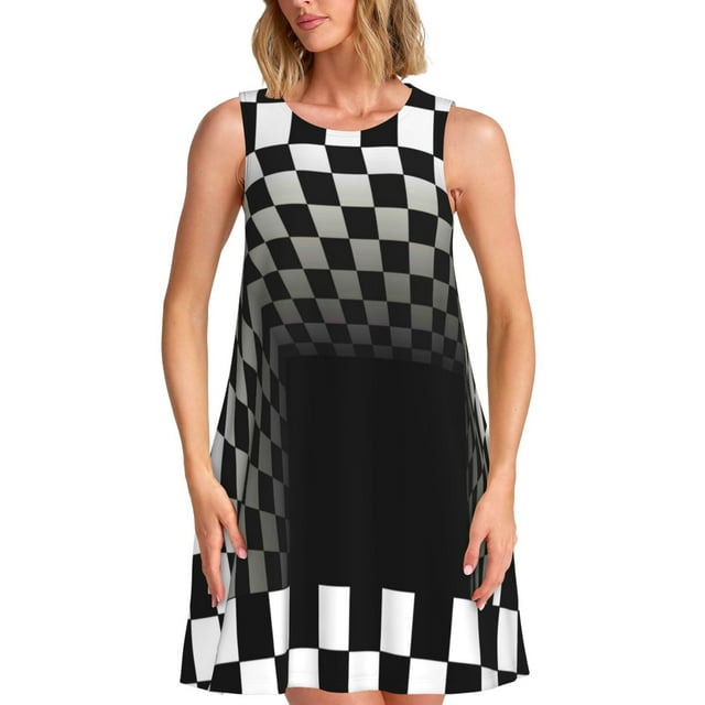 Fotbe 3d Black and White Checkerboard Tunnel Vestido de Verano sin Mangas para Mujer – Vestido Midi Línea A, Estilo Camiseta Floral, Vestido Playero Casual y Fluido