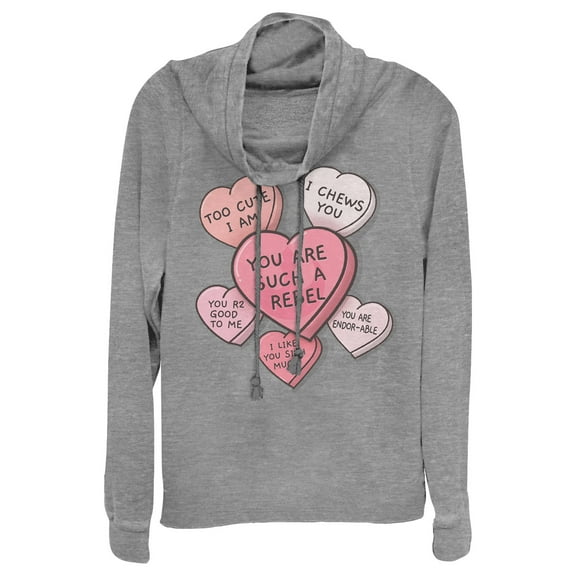 Junior's Star Wars Valentine Galactic Candy Hearts Cowl Neck Sweatshirt Gray Heather Large