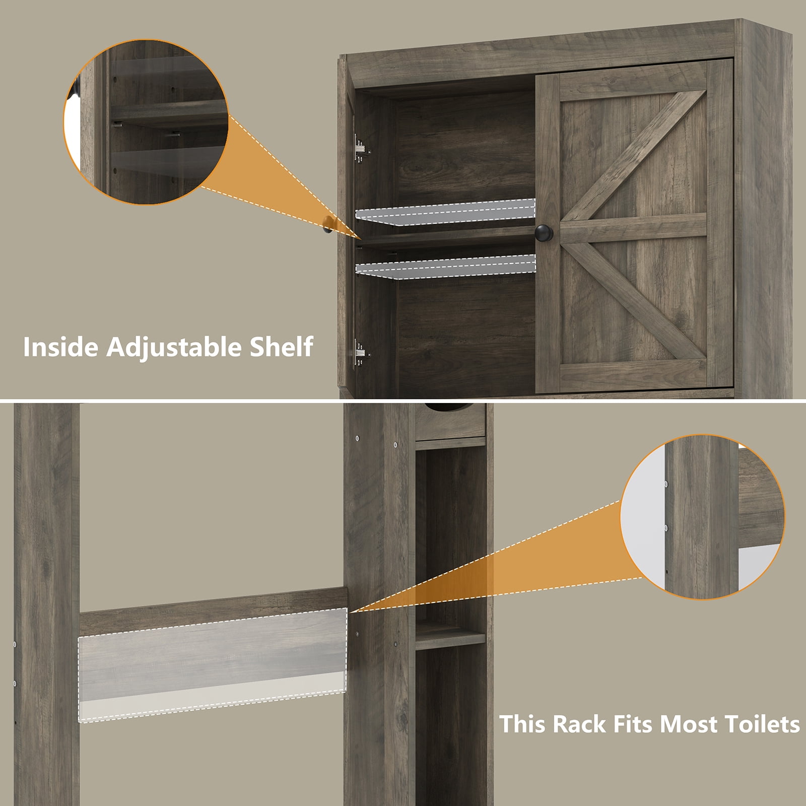 Furnihold Over The Toilet Storage Cabinet with Barn Doors, 32.3''W Farmhouse Bathroom Over Toilet Shelf Space Saver with Toilet Paper Holder, Gray