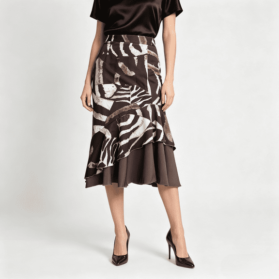 Brown Zebra Stripe Midi Skirt, High Waist X-Line Fishtail Swing Skirt, Elegant Non-Stretch Woven Casual Midi Skirt for Women Spring Summer Autumn