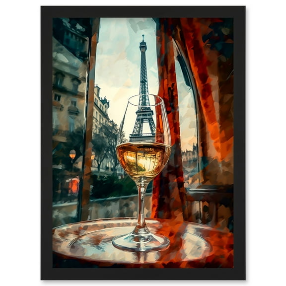 Through the Wine Glass Oil Painting Paris France Eiffel Tower View from Glass Window Artwork Framed Wall Art Print A4