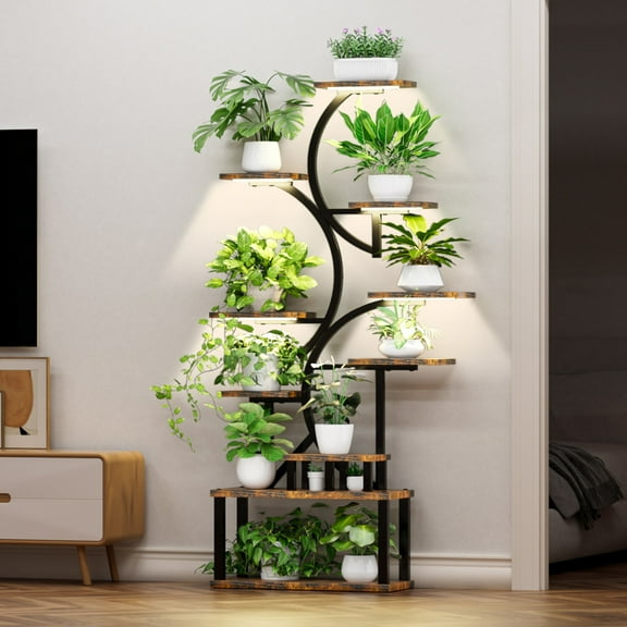 68.5" Tall 10-Tier Indoor Plant Stand with 5 Adjustable Grow Lights, S-Shaped Corner Rack for Living Room, Garden & Patio