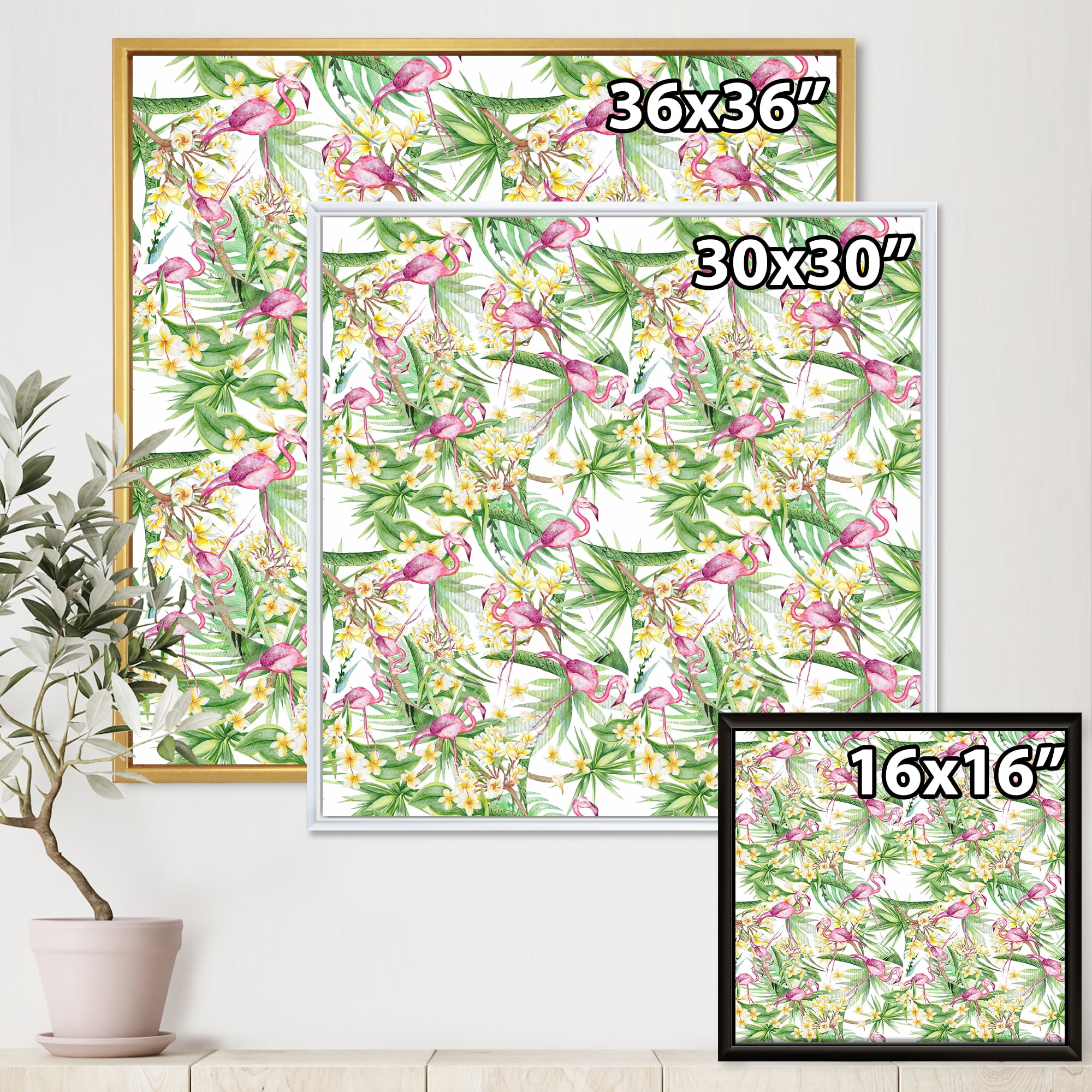 Designart 'Yellow Flowers, Tropical Foliage With Flamingo II' Modern Framed Canvas Wall Art Print