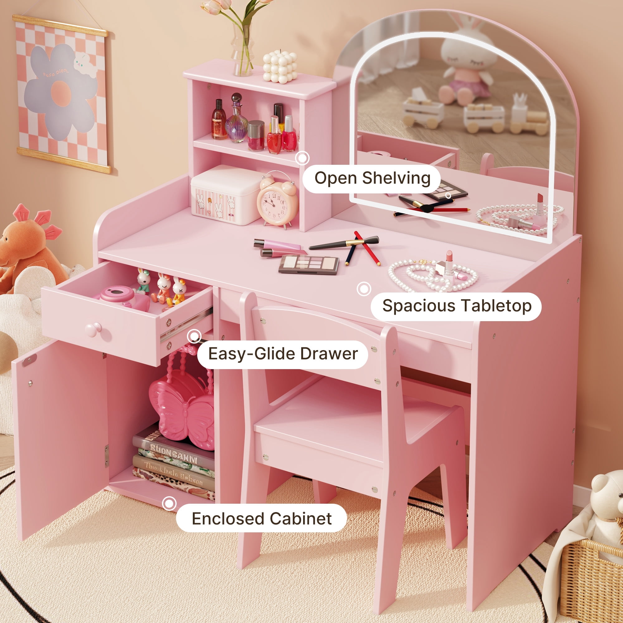 Kids Vanity Table and Chair Set with 2-Tier Open Shelves and Drawer, Noelse Pink Vanity Set with Mirror and Lights for Pretend Play, Girls Vanity Desk for Bedroom