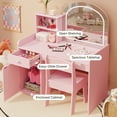 thumbnail image 4 of Kids Vanity Table and Chair Set with 2-Tier Open Shelves and Drawer, Noelse Pink Vanity Set with Mirror and Lights for Pretend Play, Girls Vanity Desk for Bedroom, 4 of 10