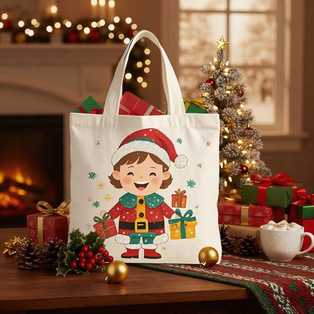 Bolsa de Lona con Manzanas para Nochebuena con Regalos de Papá Noel