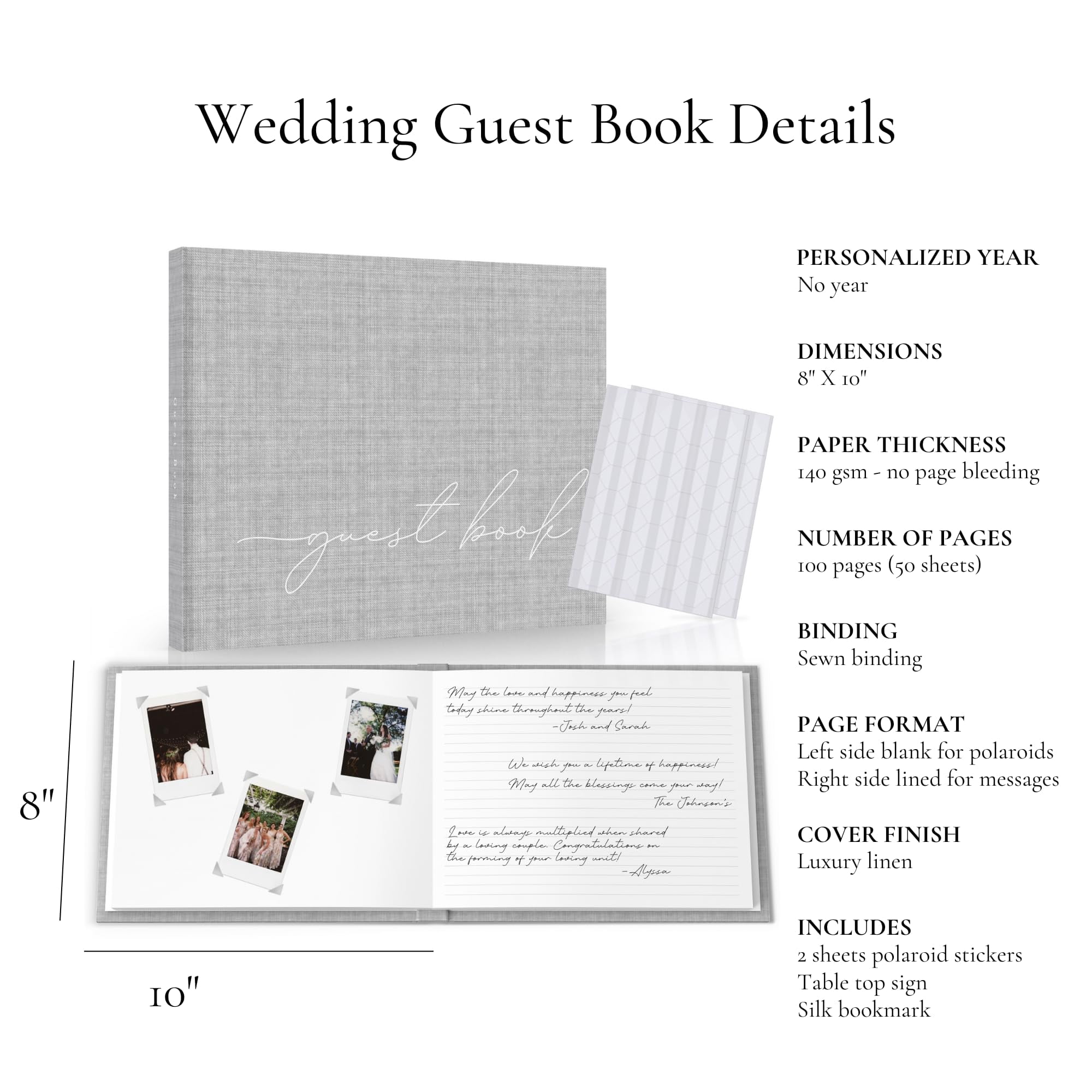 Wedding Guest Book With Clear Photo Corners Self Adhesive Stickers - Linen Photo Guestbook to Sign at Bridal Shower or Wedding Reception Party - 100 Pages - Half Blank and Lined Thick Paper Books