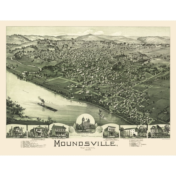 Historic Panoramic View - Moundsville West Virginia - Moyer 1899 - Vintage Wall Art