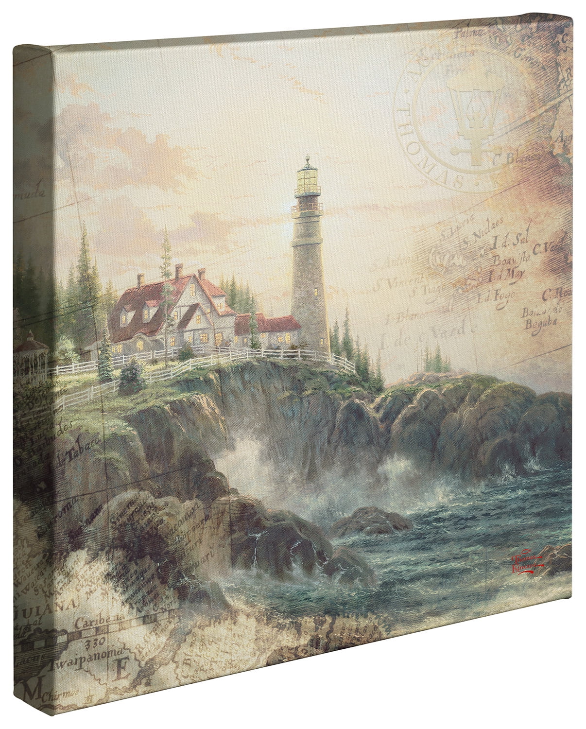 Thomas Kinkade Clearing Storm Map Collage - 14" x 14" Gallery Wrapped 