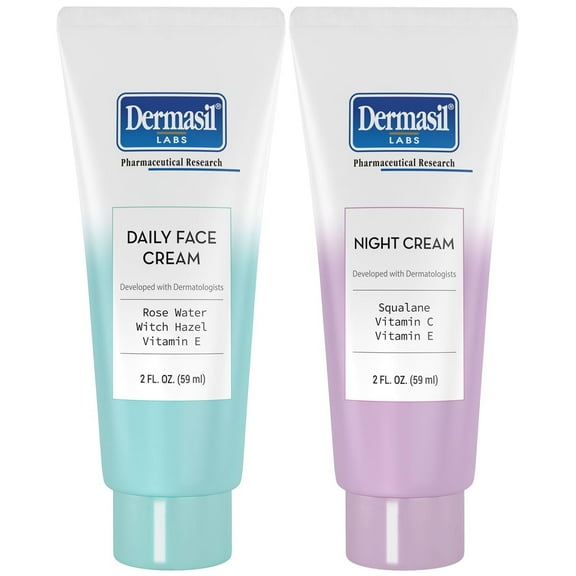 Dermasil Face Moisturizer Variety 2-Pack – Daily Face Cream with Witch Hazel and Rose Water   Night Cream with Vitamin C and Squalane, 2 Oz Ea