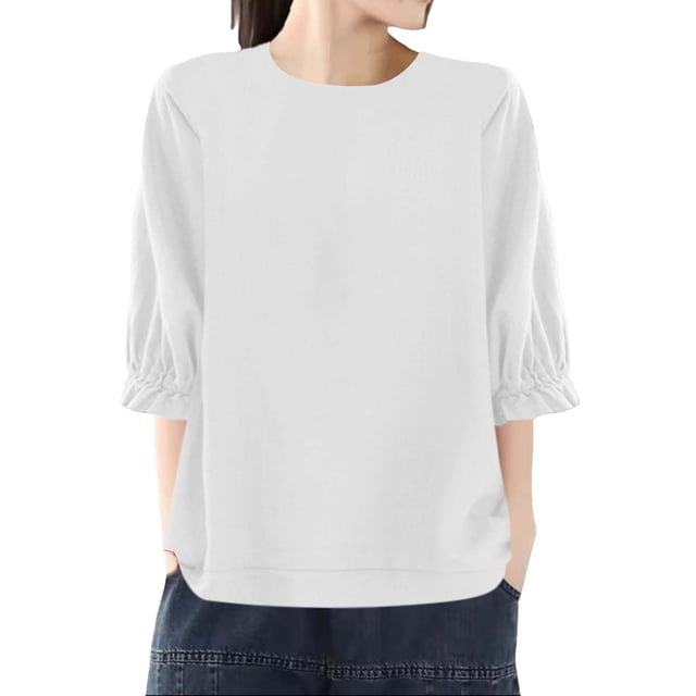 Yubnlvae Haut Blanc pour Femme, Coupe Ample, Col Rond, Grande Taille, Manches Cinq Points, L