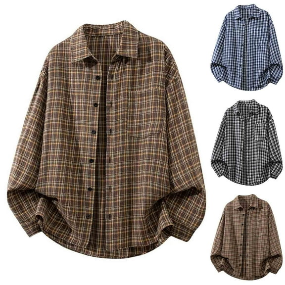 FRSASU Men Lightweight Loose Button Down Shirts Fashion Plaid Print Long Sleeve Lapel Tops Going Out Casual Blouses with Pockets Navy