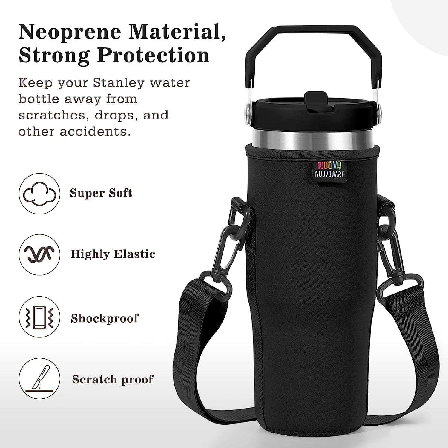 Nuovoware Water Bottle Carrier Bag Compatible with Stanley Quencher H2.0, 40oz Bottle Pouch Holder with Adjustable Shoulder Strap, Neoprene Water