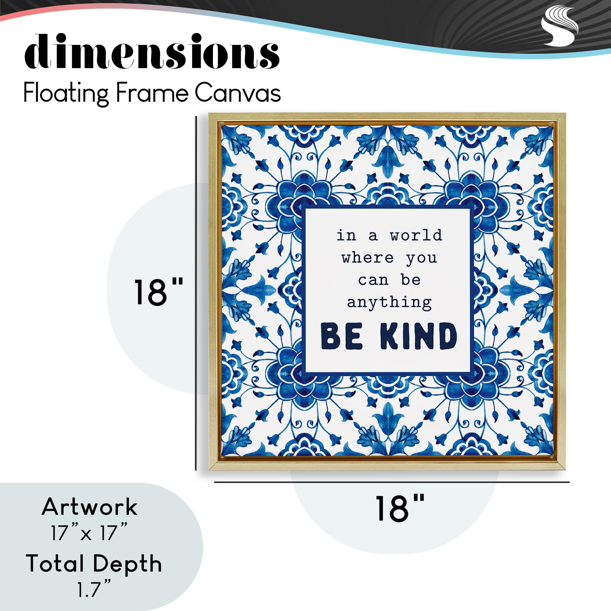 Patterned Be Kind Encouragement Gold Framed Floater Canvas Wall Art, design by Lettered and Lined