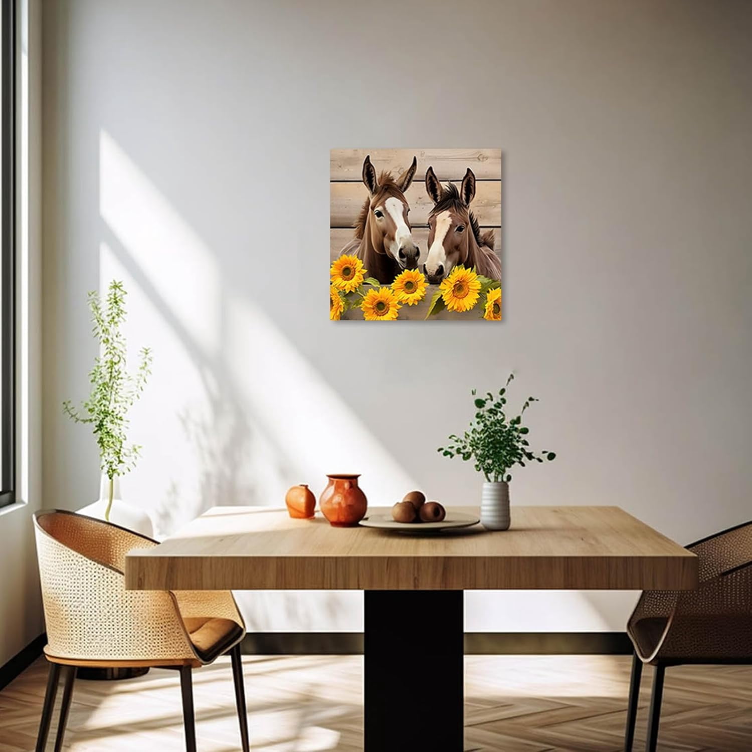 ZHONGYUTONG Funny Donkey Canvas Prints Yellow Sunflower Wall Art Vintage Farm Animal Flowers Poster Pictures for Rustic Farmhouse Bathroom Decor (28.00" x 28.00")