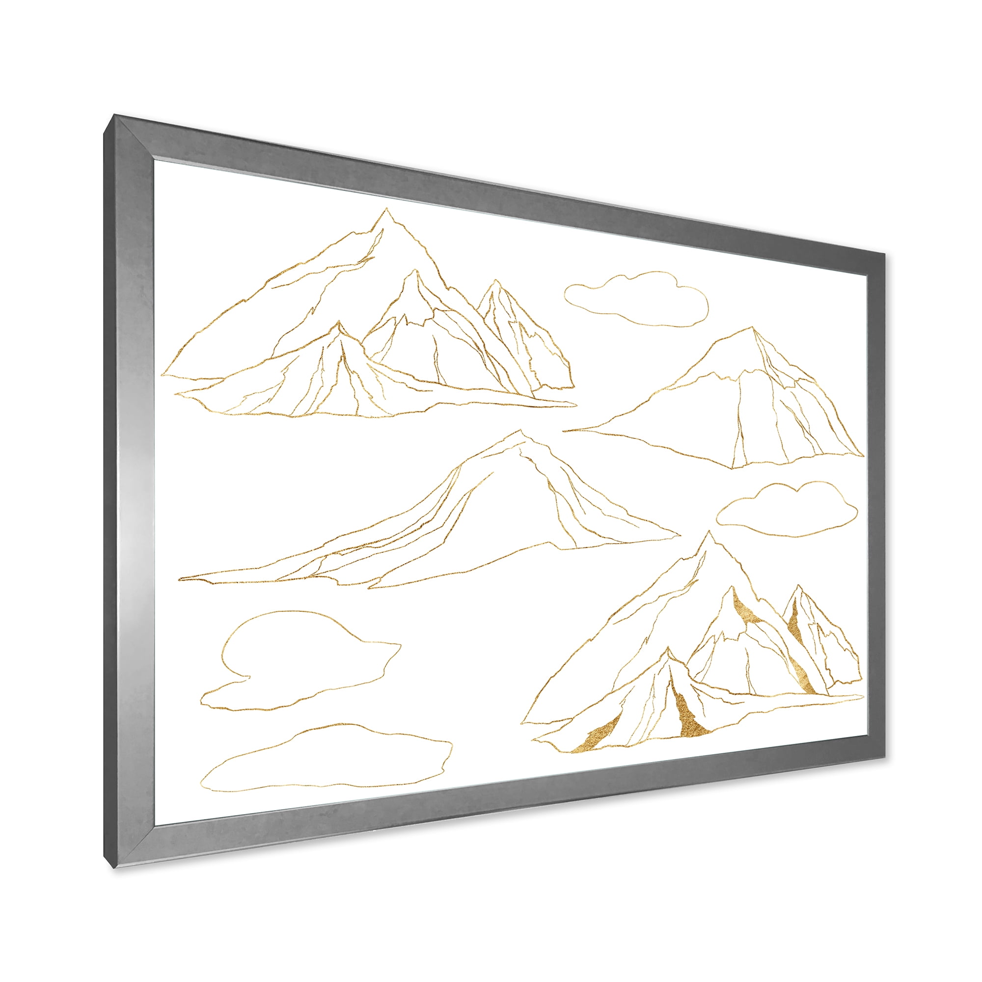 Designart 'Minimalistic Gold Linear Set Of Clouds and Mountains' Modern Framed Art Print