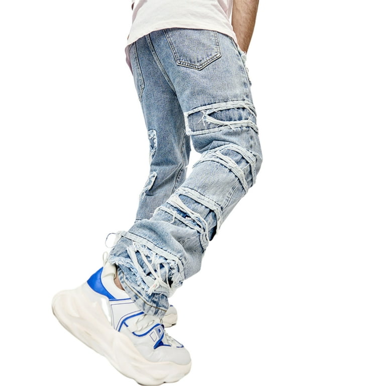 Sunisery Men's Regular Fit Stacked Jeans Patch Distressed Denim Pants  Streetwear,Light Blue 