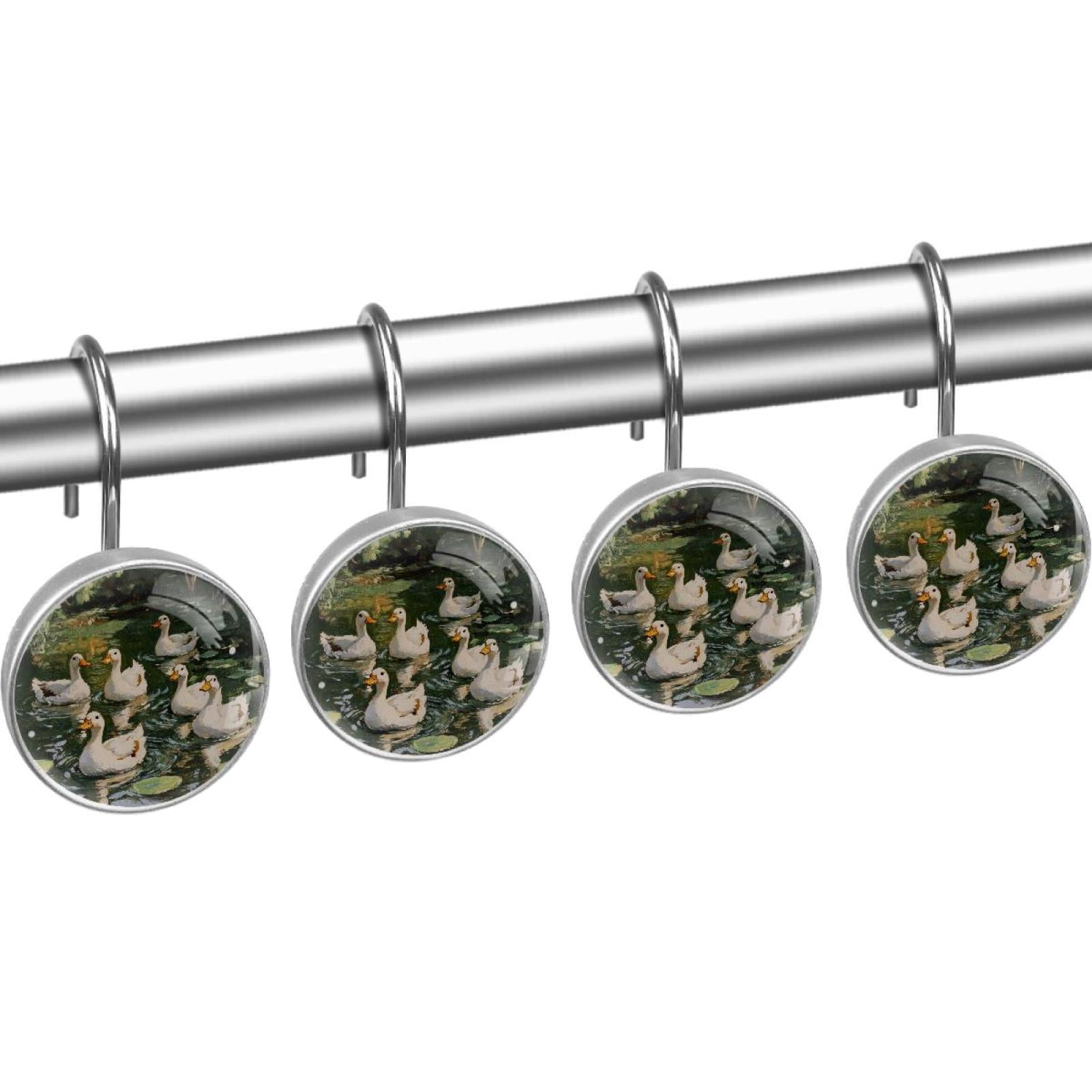 White Ducks Swim on Pond Shower Curtain Hooks Round Crystal Glass, Set of 12 Shower Curtain Rings - Shower Hooks for Curtain Shower Rings