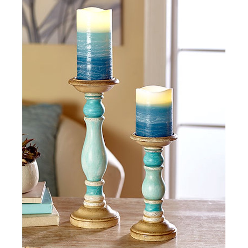 4Pc. LED Pillar Candle & Holder Set Blue