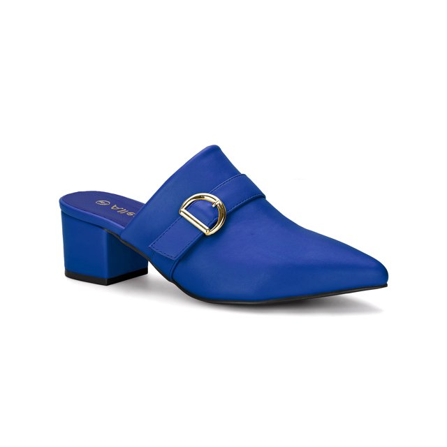 BLISSFUL STEP Women's Shoes Buckle Strap Pointed Toe Chunky Heel PU Vamp Mule Shoes Blue 10
