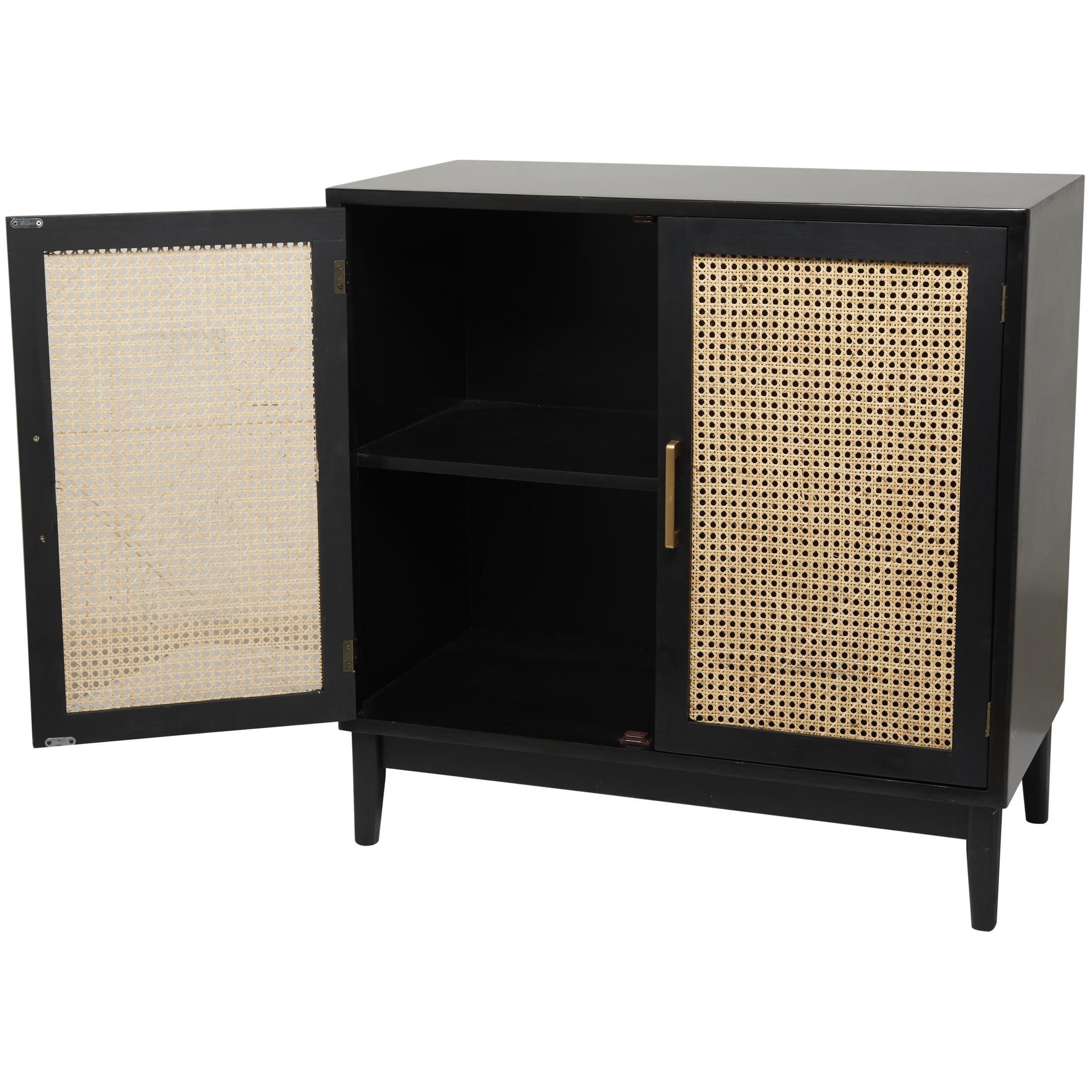 DecMode 36" x 36" Black Wood 2 Door Cabinet with Beige Rattan Doors and Gold Handles, 1-Piece