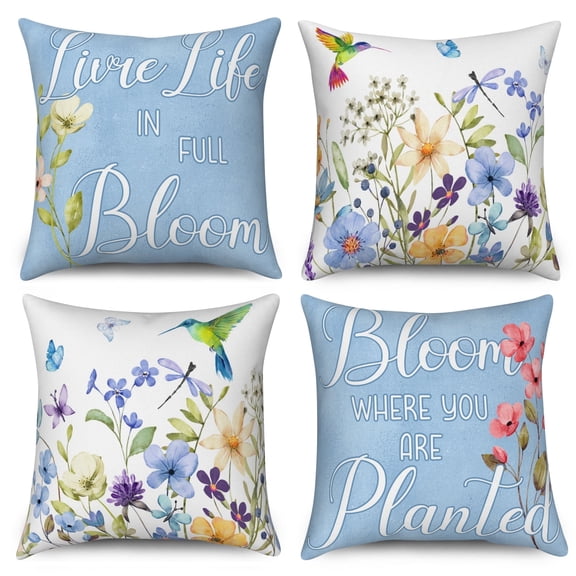 Dashan Spring Blue Throw Pillow Covers 20x20 Set of 4,Floral Butterfly Decorative Pillow Cases for Bedroom Sofa Couch