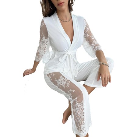 

Deep V Neck Plain Pant Sets White Short Sleeve Sexy Women s Pajama Sets