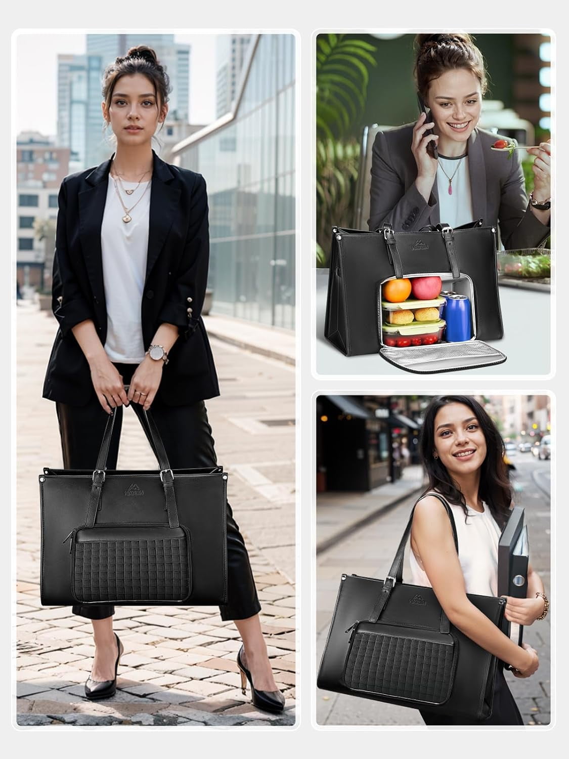 Matein Laptop Tote Bag with Insulated Lunch Compartment for Women Men, 15.6 inch Waterproof PU Leather Business Briefcase Handbag, Black