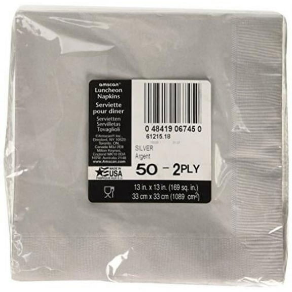 amscan 61211.18 Silver 2-Ply Luncheon Napkins - 6.5" x 6.5", 40 Ct