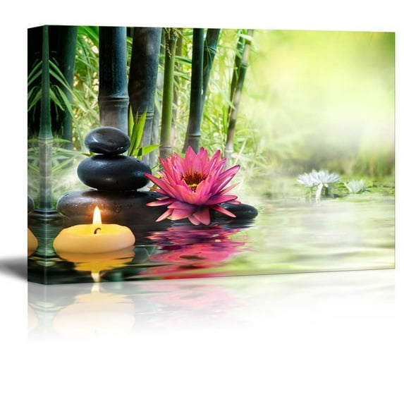 wall26 Rocks and a Pink Flower on a Lake Next to Bamboo Branches - Canvas Art Home Decor - 24x36 inches