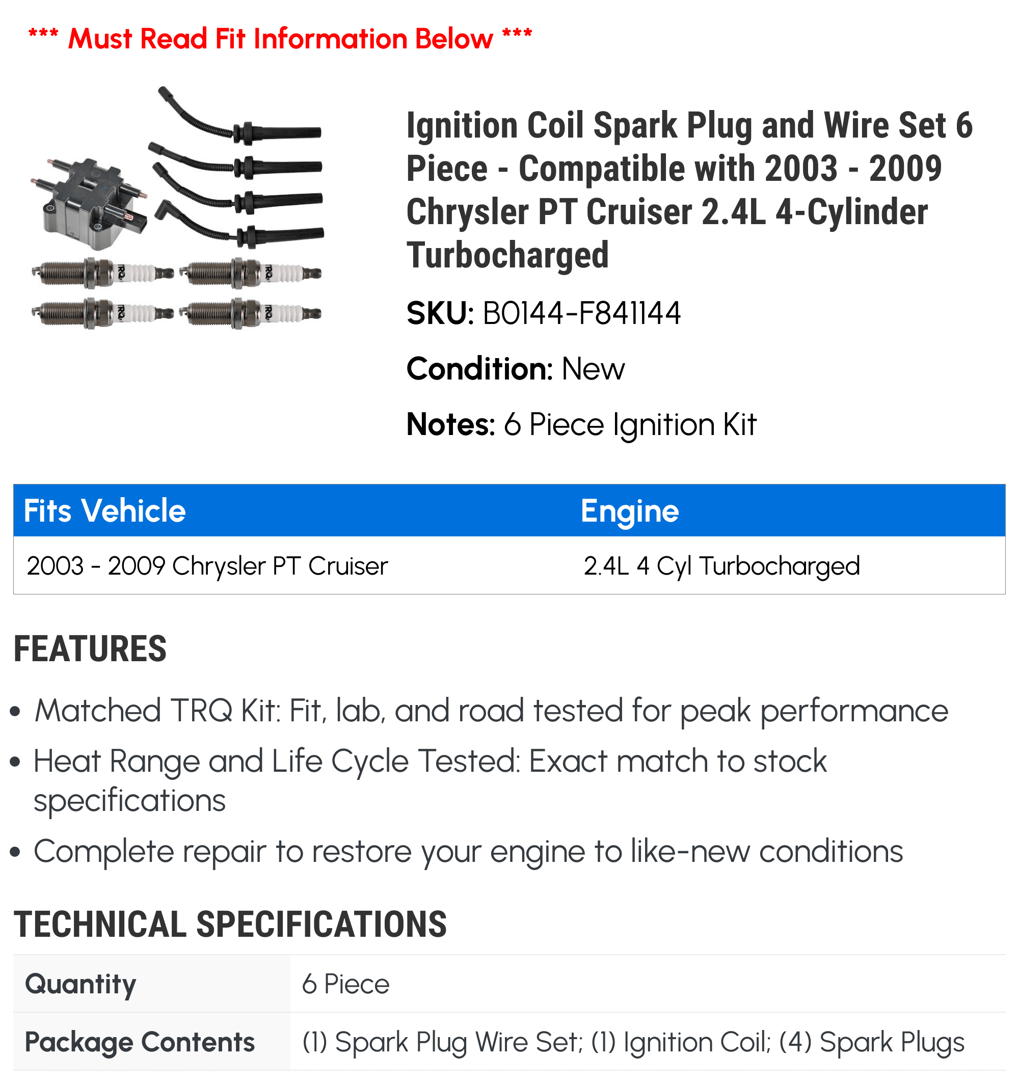 Ignition Coil Spark Plug and Wire Set 6 Piece - Compatible with 2003 - 2009 Chrysler PT Cruiser 2.4L 4-Cylinder Turbocharged 2004 2005 2006 2007 2008