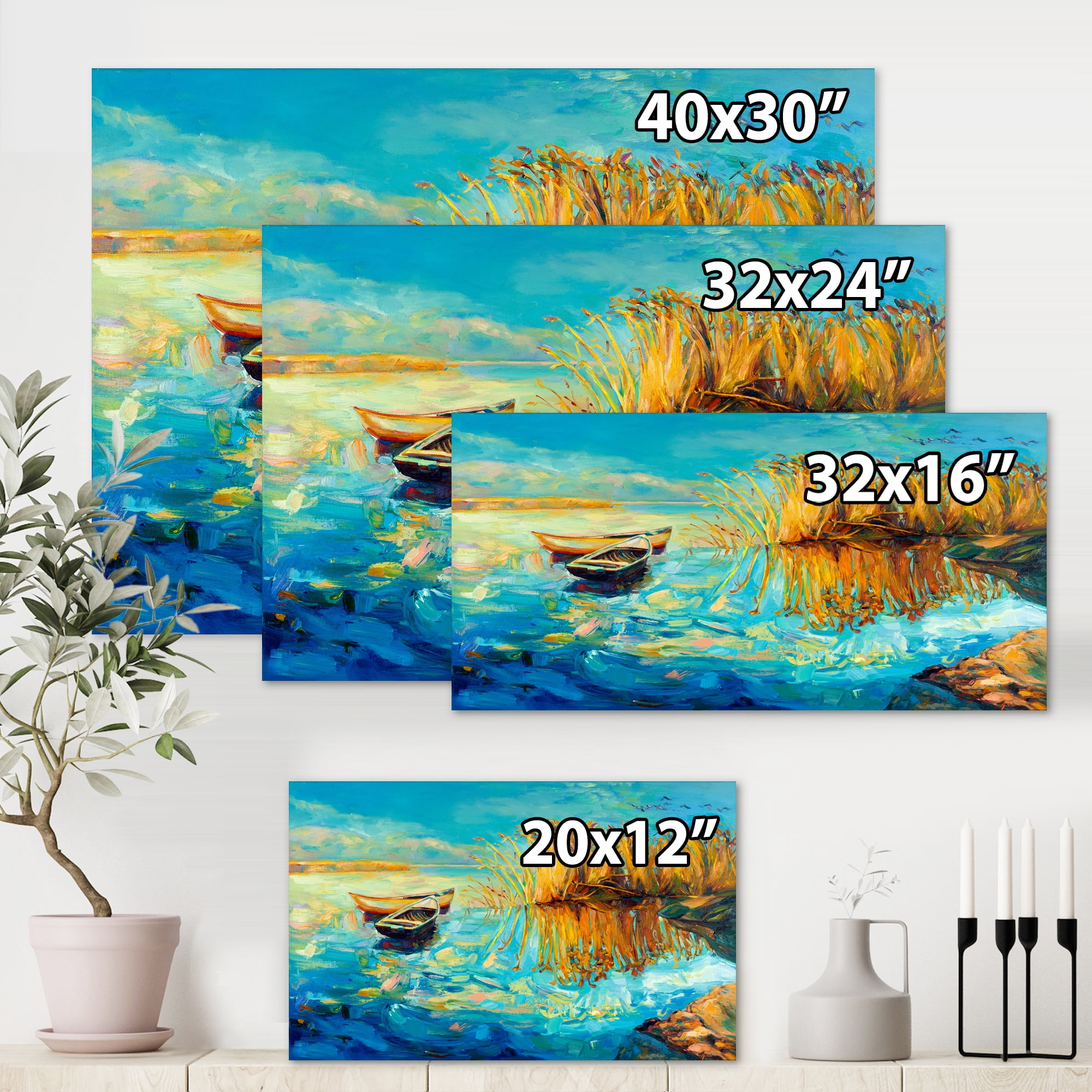 Designart ' Orange Trees With Turquoise Lake During Sunset ' Nautical & Coastal Canvas Wall Art Print