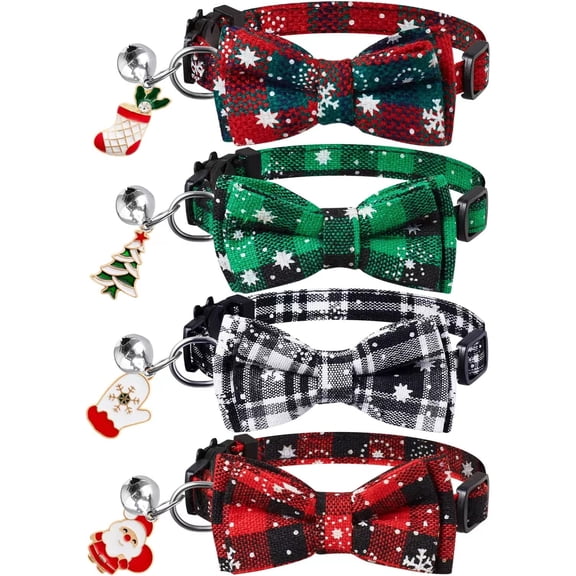 Mumup 4 Pack Christmas Cat Collars with Bow Tie and Bell,Breakaway Kitten Collar for Girl Boy Cats,Adjustable 7-12inch, for Kitty Kitten Adult Cats,Pet Supplies
