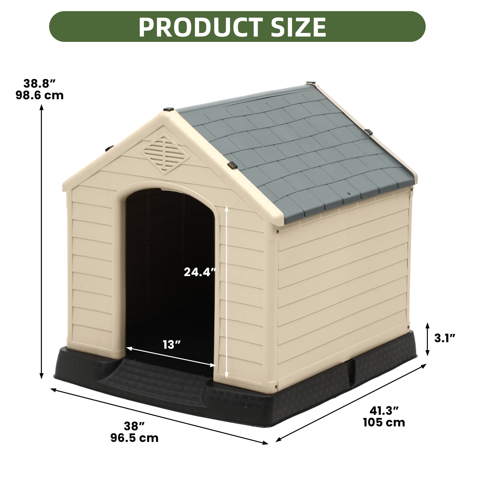 Uforic Large Waterproof Plastic Dog House with Air Vents and Elevated Floor, Outdoor Indoor Doghouse Puppy Shelter,Gray+Brown,41''Lx 38''Wx 39''H