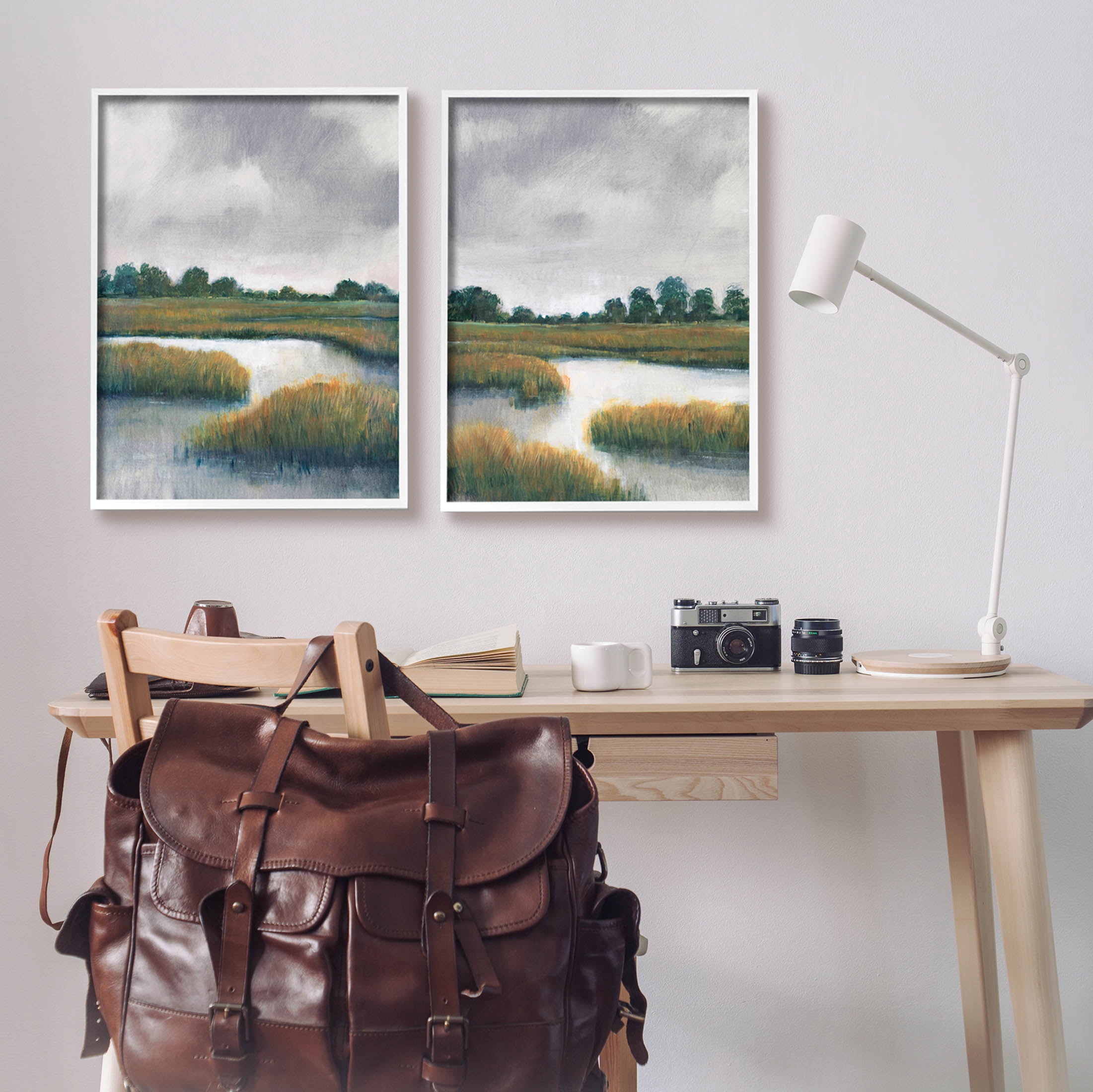 Stupell Industries Grassy Rural Marshland Landscape Painting White Framed Art Print Wall Art, Set of 2, Design by Tim OToole