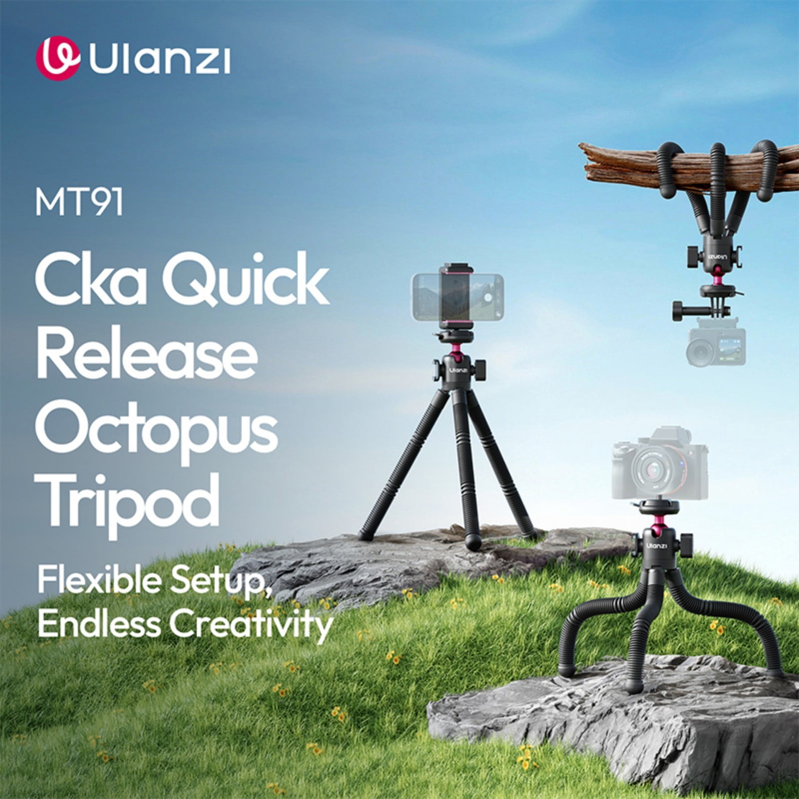 Ulanzi MT91 CKA Quick Release Octopus Tripod Compatible with Camera & Mobile Phone, Flexible Bendable Tripod with Ball Head, Cold Shoe & Wireless Remote for Vlogging, Travel & Live Streaming