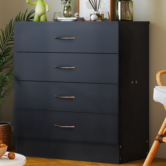 UBesGoo Black Chest of Drawers Dresser Wood Organizer Cabinet, 4 Drawer Nightstand Side Table, Furniture for Bedroom