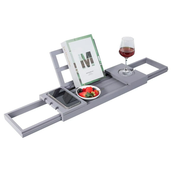 Utoplike Grey Bathtub trays, Bamboo Bath trays for bathtub, Expandable Bathtub Caddy Tray, Bath Tub Table Shelf with Adjustable Arms, Bathroom Trays for Books/Tablets/Cell Phone/Towels/