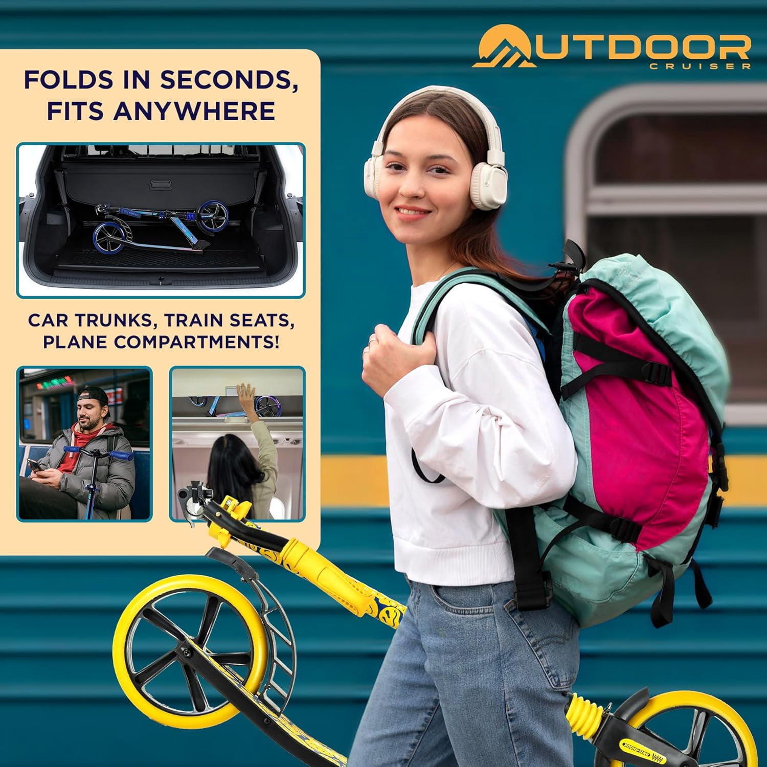 OutdoorCruiser Kick Scooter for Ages 6+, Kids, Teens & Adults, Foldable, Dual Suspension, 3-Level Adjustable Handlebar, Child Safety Approved, Yellow